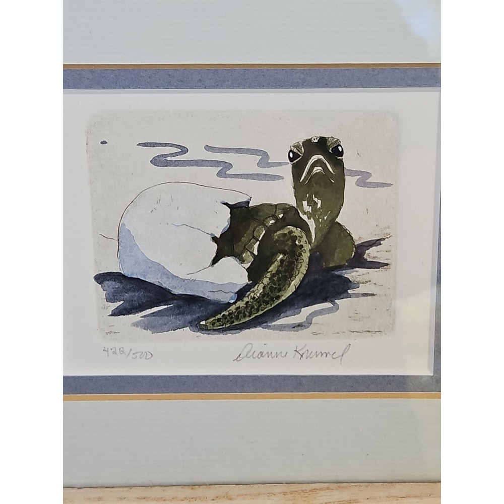 Dianne Krumel SEA TURTLE HATCHING Etching Print 4x3 Double Matted Coastal Beach